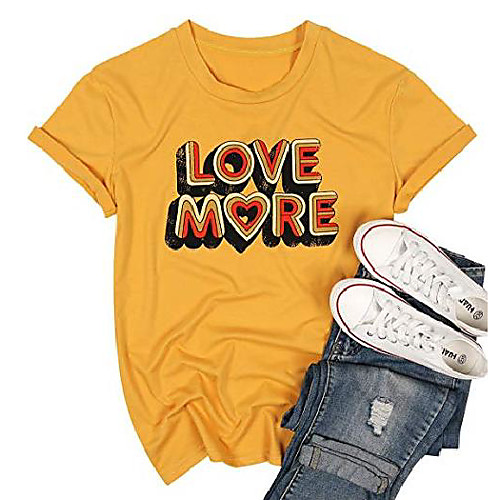 

love more short sleeve t shirt summer letters print casual holiday graphic tees tops for women yellow