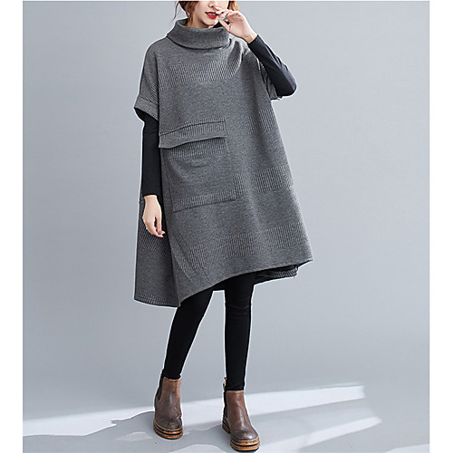 

Women's Sweater Jumper Dress Knee Length Dress Black Gray Long Sleeve Solid Color Patchwork Fall Turtleneck Casual 2021 L XL