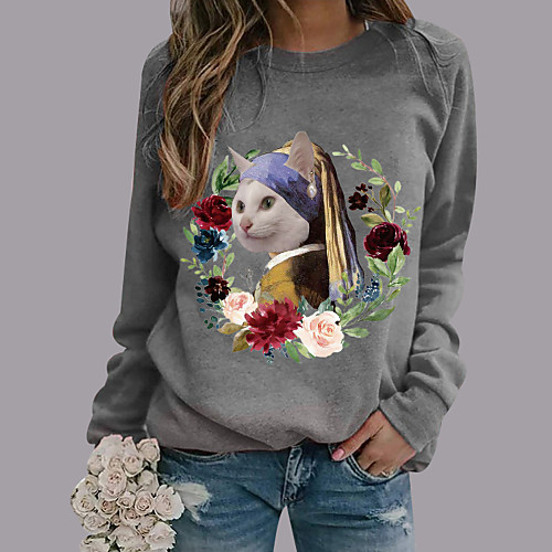 

Women's Pullover Sweatshirt Floral Cat Graphic Daily Casual Hoodies Sweatshirts White Black Red