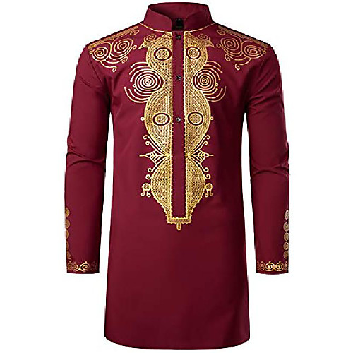 

men's african traditional dashiki luxury metallic gold printed mid long wedding shirt burgundy x-large