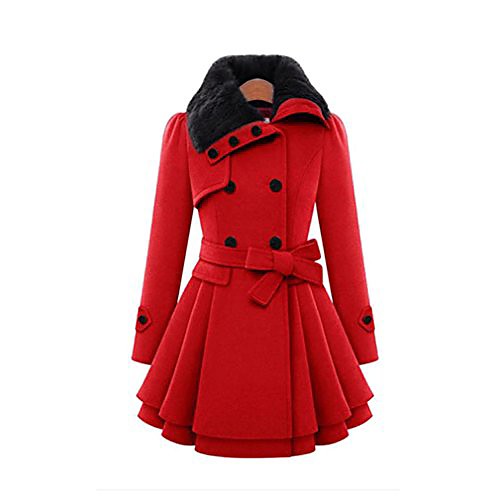 

women lapel double-breasted thick wool coat bowknot belt jacket outwear (red, m)