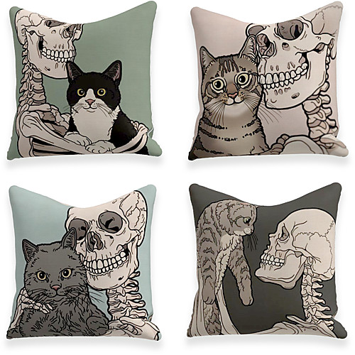 

Cushion Cover 4PCS Linen Soft Decorative Square Throw Pillow Cover Cushion Case Pillowcase for Sofa Bedroom 45 x 45 cm (18 x 18 Inch) Superior Quality Mashine Washable Skeleton Cat