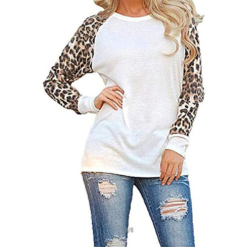 

women casual leopard t-shirt o-neck patchwork knits & tees white