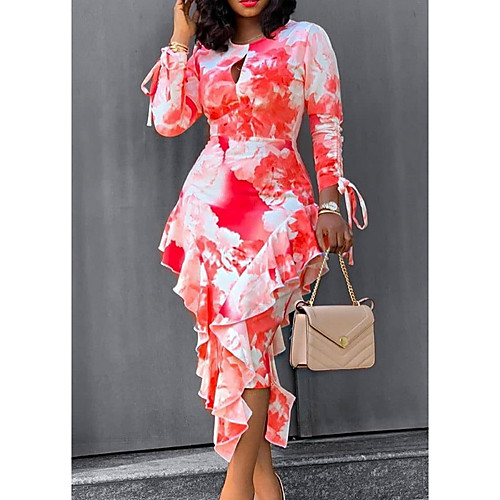 

Women's Sheath Dress Midi Dress Red Long Sleeve Floral Print Fall Round Neck Elegant Casual 2021 M L XL XXL