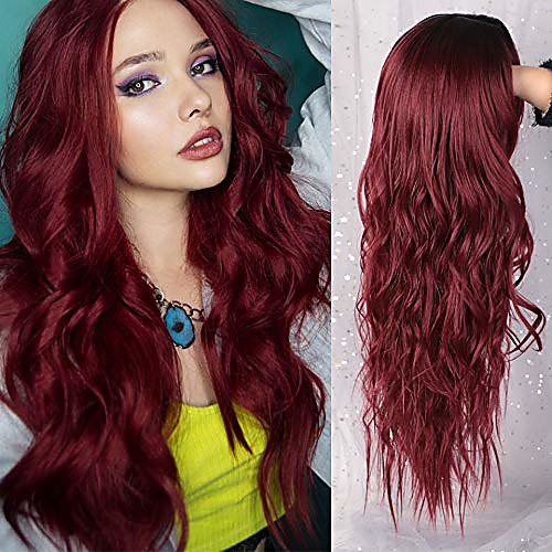 

ombre wine red wigs long curly wavy natural dark roots middle part halloween cosplay synthetic hair full wig for women