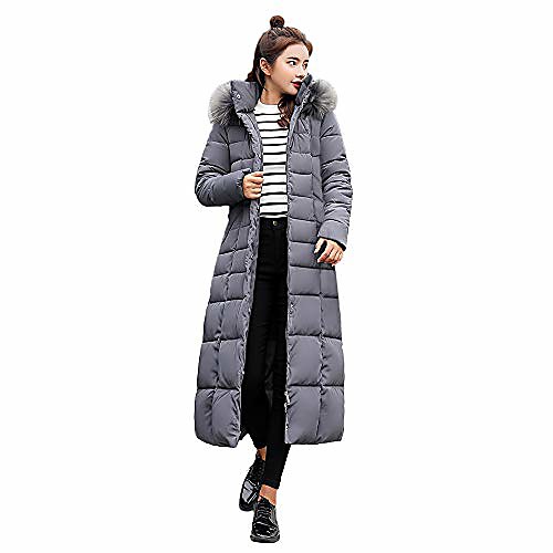 

ladies coat, women outerwear fur hooded coat long cotton-padded turn-down collar jackets solid polyester loose pocket coats gray