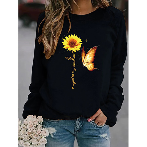 

Women's Blouse Butterfly Sunflower Long Sleeve Round Neck Tops Basic Top White Black Red
