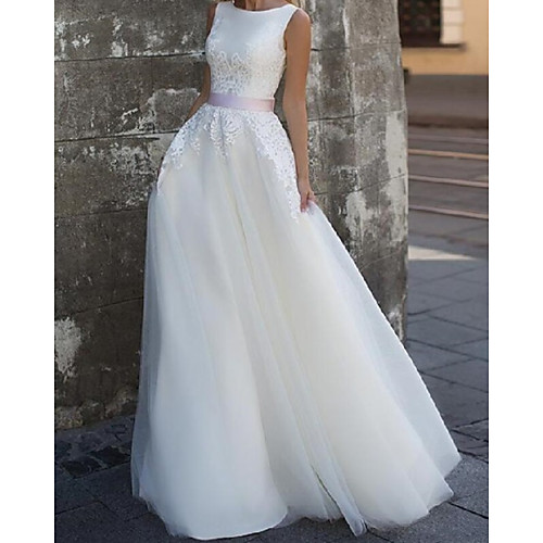 

A-Line Wedding Dresses Jewel Neck Floor Length Lace Tulle Sleeveless Country with Bow(s) 2021