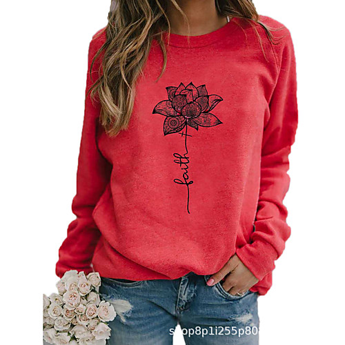 

Women's Pullover Sweatshirt Graphic Floral Text Daily Casual Hoodies Sweatshirts Loose Blue Red Khaki / Letter