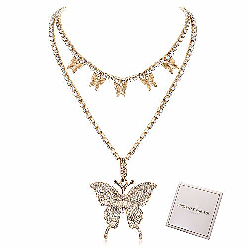 

2pcs butterfly necklace for women girls rhinestone chain statment bling bling chain crystal choker necklace jewelry gifts