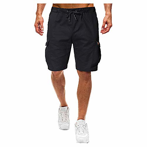 

men classic 9 inch inseam elastic waist shorts walk hiking multi pockets trunks casual outdoor athletic pants black