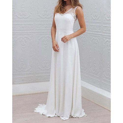 

Sheath / Column Wedding Dresses V Neck Sweep / Brush Train Chiffon Lace Sleeveless Simple Beach with Pleats Lace Insert 2021