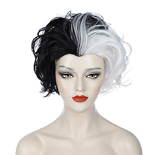 

cruella deville costume wig cosplay black and white wigs for women short curly wavy bob hair wig cute synthetic wigs for party halloween r019bw2