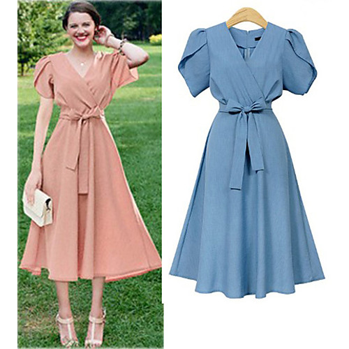 

Women's Swing Dress Midi Dress Blushing Pink Light Blue Short Sleeve Solid Color Bow Summer V Neck Elegant Casual Lantern Sleeve 2021 XL XXL 3XL 4XL 5XL / Plus Size