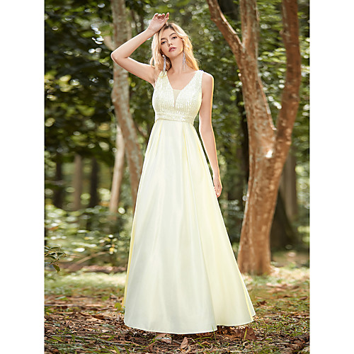 

A-Line Minimalist Elegant Party Wear Prom Dress V Neck Sleeveless Floor Length Satin with Sequin 2021