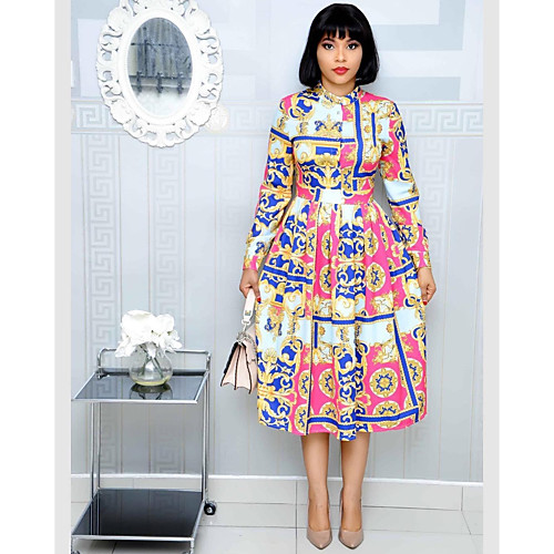 

Women's A Line Dress Midi Dress Blue Red Long Sleeve Print Geometric Tie Dye Sequins Ruched Print Fall Winter Round Neck Elegant Vintage 2021 S M L XL XXL 3XL / Plus Size