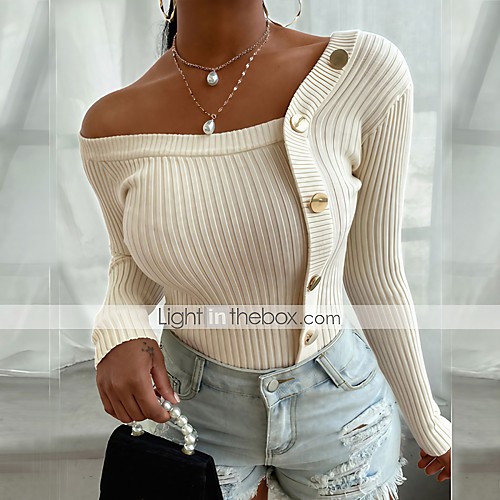 

Women's Distressed Knitted Button Striped Solid Color Pullover Long Sleeve Sweater Cardigans Crew Neck Fall Winter White Black Blue