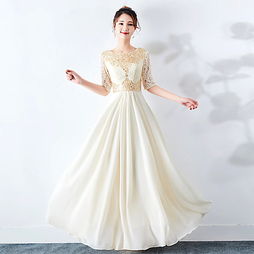 

A-Line Empire Elegant Wedding Guest Engagement Dress Jewel Neck Half Sleeve Floor Length Chiffon with Appliques 2021