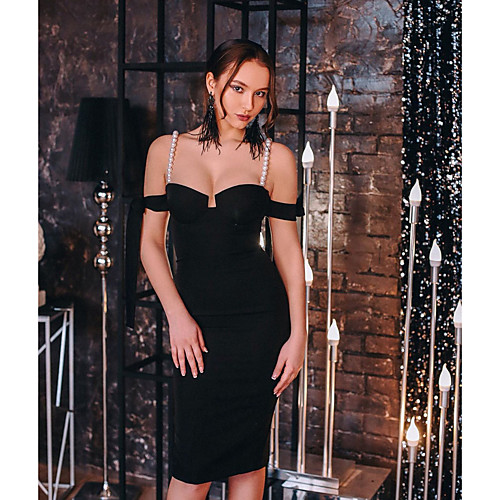 

Sheath / Column Little Black Dress Elegant Party Wear Cocktail Party Dress Spaghetti Strap Sleeveless Knee Length Spandex with Bow(s) 2021