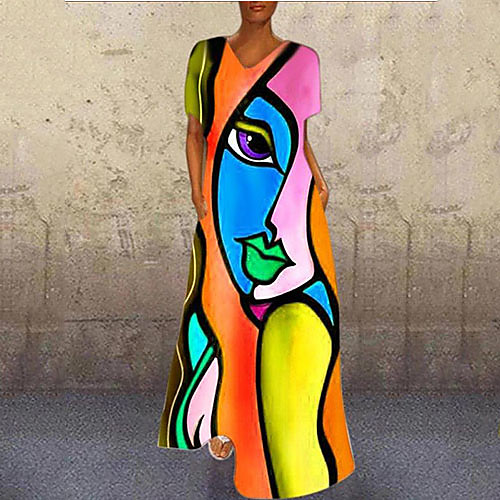 

Women's Swing Dress Maxi long Dress Blue Purple Blushing Pink Orange Short Sleeve Color Block Print Fall Spring V Neck Casual 2021 S M L XL XXL 3XL 4XL 5XL