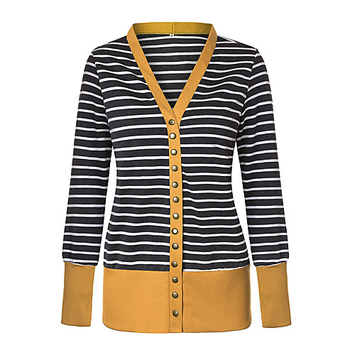 

Women's Striped Spring & Fall Sweater Coat Long Going out Long Sleeve Cotton Blend Coat Tops Black