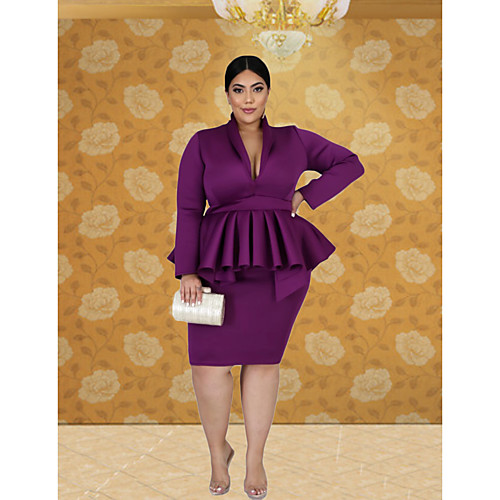 

Women's Sheath Dress Knee Length Dress Black Purple Long Sleeve Solid Color Ruched Fall V Neck Elegant Slim 2021 XXL 3XL 4XL 5XL 6XL / Plus Size