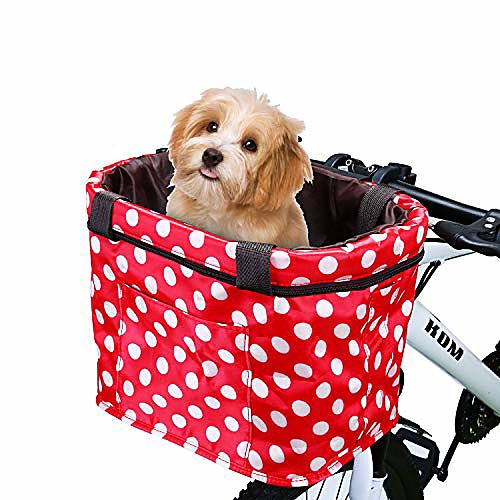 

bike basket multi-purpose bicycle handlebar bag with hand strap detachable bike front basket for pet carrier, grocery shopping, briefcase commuter, outdoor camping (red&white)