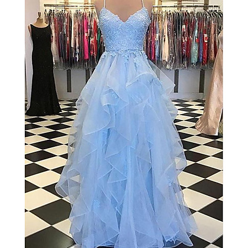 

A-Line Luxurious Floral Engagement Prom Dress V Neck Sleeveless Floor Length Organza with Tier 2021
