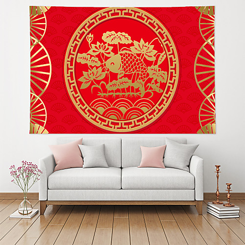 

Chinese Style Wall Tapestry Art Decor Blanket Curtain Picnic Table Cloth Hanging Home Bedroom Living Room Decoration Polyester Red Lotus Carp