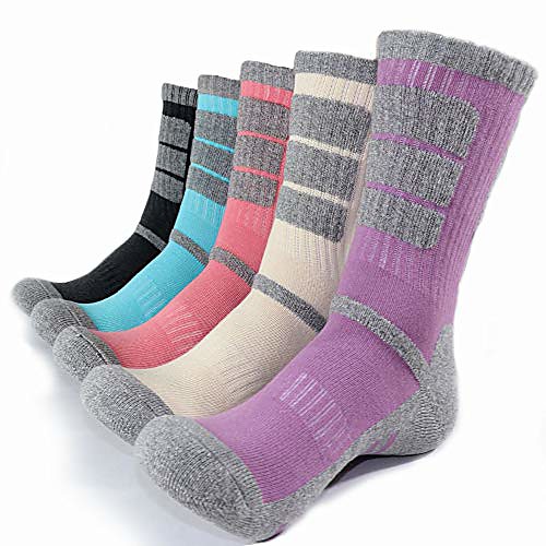 

dearmy 5pack of women's multi performance cushioned athletics hiking crew socks | moisture wicking | year round (medium (shoe size 8-10 us), charcoal, cream, lavender, aruba, blush)