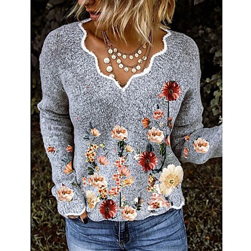 

Women's Stylish Basic Embroidery Knitted Floral Pullover Long Sleeve Cardigans V Neck Fall Winter Gray