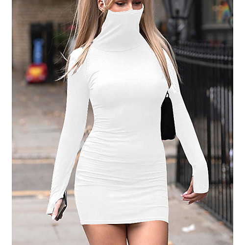 

Women's Sheath Dress Short Mini Dress Black Blue Red Khaki Beige Long Sleeve Solid Color Patchwork Fall Winter Turtleneck Elegant Cotton Slim 2021 S M L