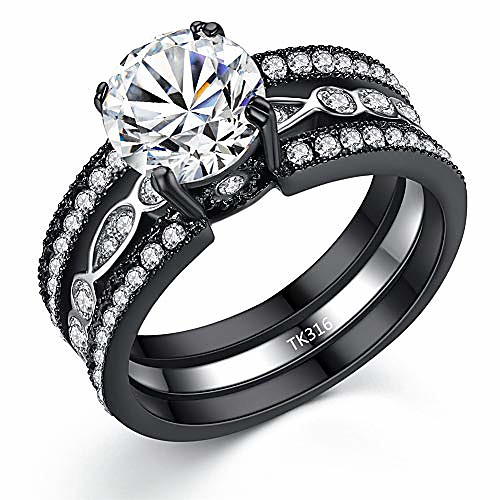 

cz black wedding band engagement ring sets stainless steel round cut cubic zirconia size 6