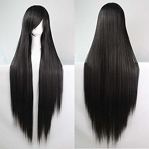 

39'' womens long straight synthetic black wig girl's halloween cosplay party wig