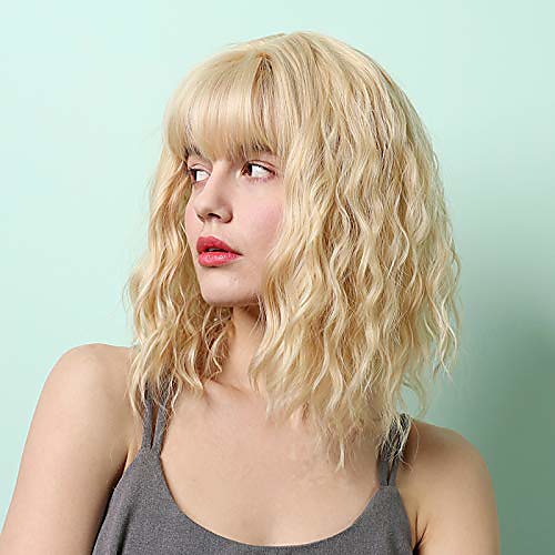 

16 pastel wavy wig with air bangs for women shoulder length short curly bob wigs heat resistant synthetic cosplay wigs (16 inch, blonde)