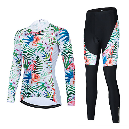 

21Grams Women's Long Sleeve Cycling Jersey with Bib Tights Cycling Jersey with Tights Winter Black Green BlackWhite Floral Botanical Bike Breathable Quick Dry Sports Graphic Mountain Bike MTB Road