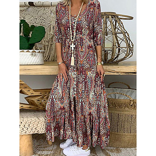 

Women's T Shirt Dress Tee Dress Maxi long Dress Wine Half Sleeve Print Fall Spring V Neck Boho 2021 S M L