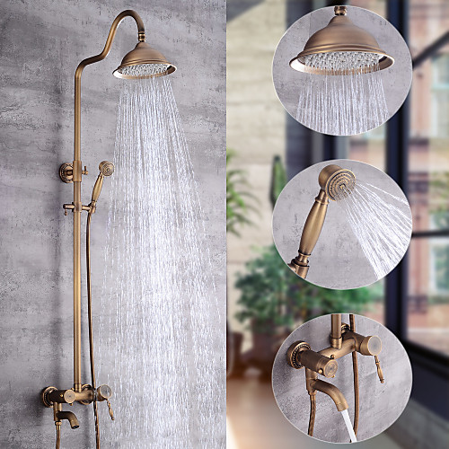 

Shower System Set - Handshower Included pullout Waterfall Vintage Style / Country Antique Brass Mount Outside Ceramic Valve Bath Shower Mixer Taps