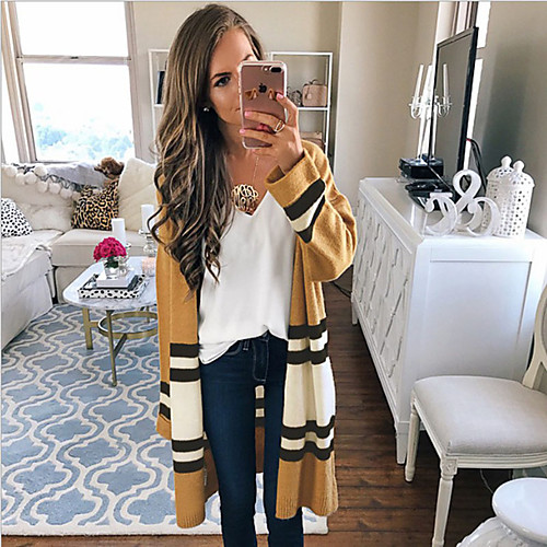

Women's Stylish Stripe Striped Cardigan Long Sleeve Sweater Cardigans V Neck Fall Winter Red Yellow