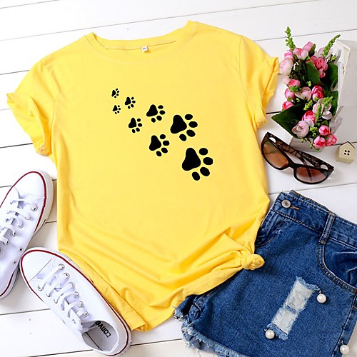 

Women's T-shirt Cat Graphic Prints Print Round Neck Tops 100% Cotton Basic Basic Top White Black Yellow