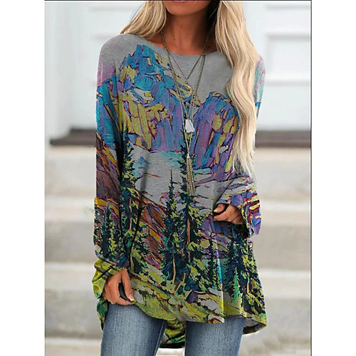 

Women's Blouse Shirt Scenery Long Sleeve Print Round Neck Tops Basic Basic Top Black Red Yellow