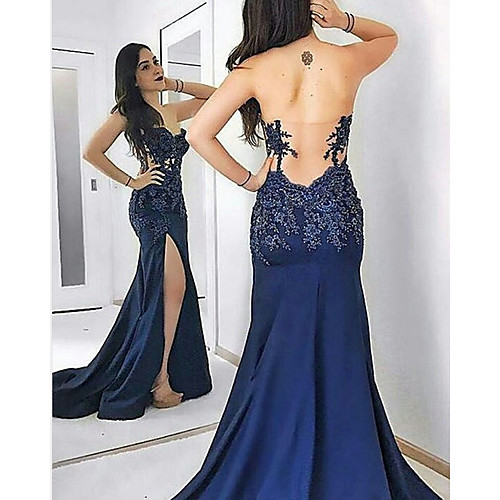 

Mermaid / Trumpet Beautiful Back Sexy Engagement Formal Evening Dress Sweetheart Neckline Sleeveless Sweep / Brush Train Satin with Split Lace Insert Appliques 2021