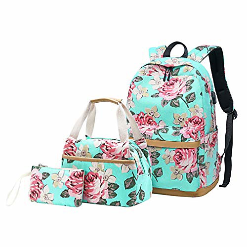 

women floral backpack teen girls canvas school backpack with usb charging port fits 15.6 college book bag laptop backpack with lunch box (green)