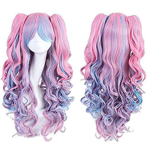 

womens long curly fate lolita cosplay wigs costume wig halloween party wig (pink blue)
