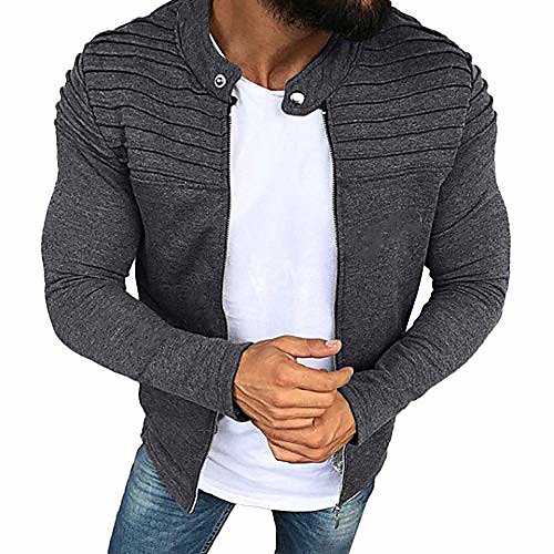 

men's solid pleated slim fit stripe raglan zipper jacket outdoor wear grey