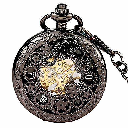 

mens vintage skeleton pocket watch steampunk windup half hunter mechanism gear cover with chain