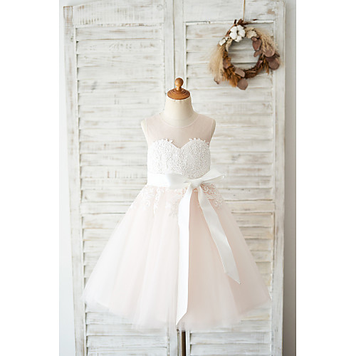 

Ball Gown Knee Length Party / Wedding Flower Girl Dresses - Lace / Tulle Sleeveless Jewel Neck with Belt