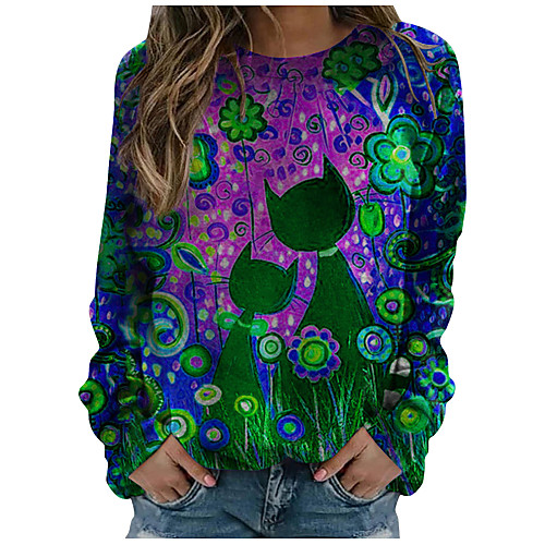 

Women's Tunic Cat Animal Long Sleeve Patchwork Print Round Neck Tops Cotton Basic Basic Top Purple Yellow Green