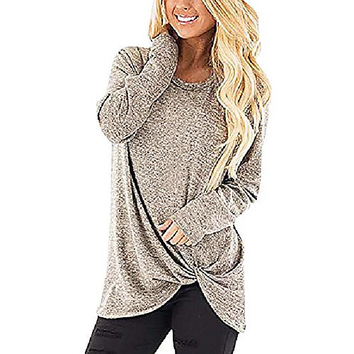 

women's long sleeve casual blouse shirts knot tie knot front loose tunic o neck tops (khaki 1, x-large)