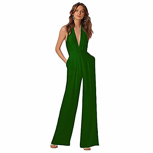 

women sexy casual deep v neck sleeveless halter jumpsuit solid high waist backless wide leg loose zipper long romper pants overalls with pockets dark green x-large